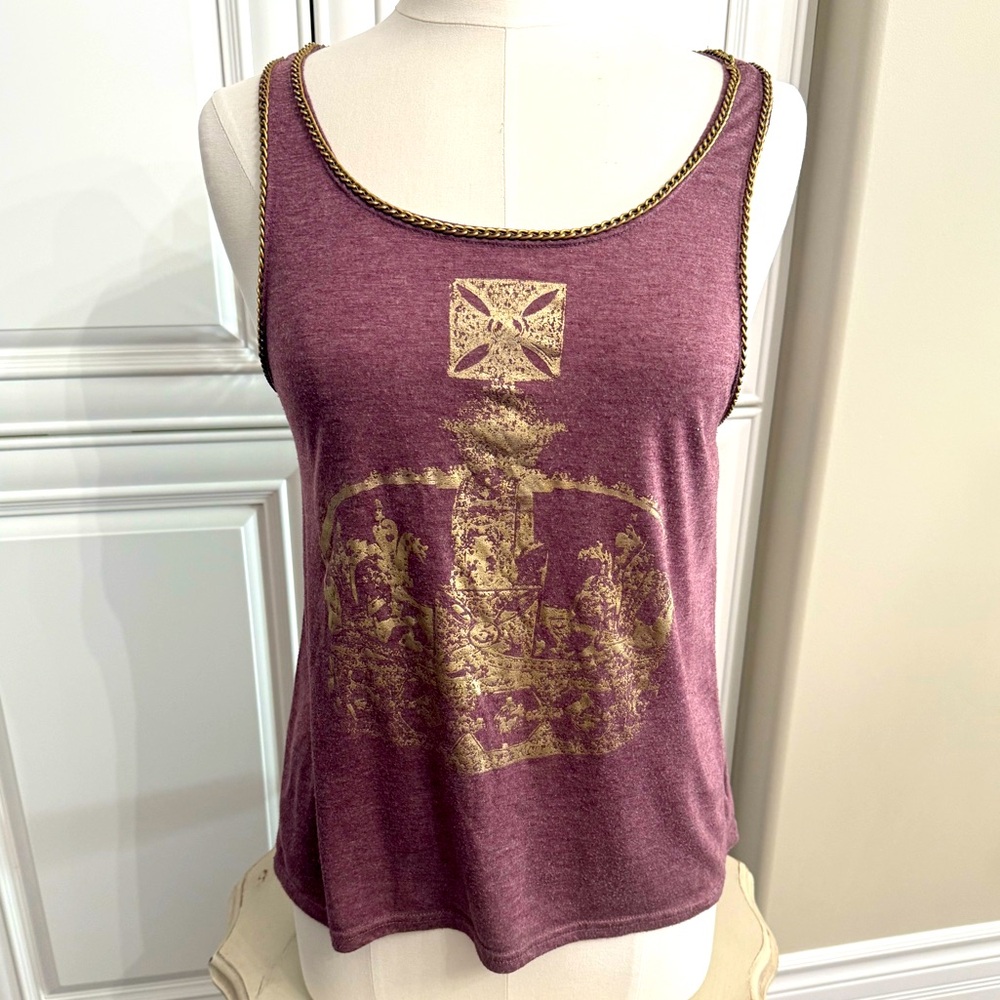 QED London Women’s Sz M/L Purple Tank Top with Gold Crown Decal and Chain Detail